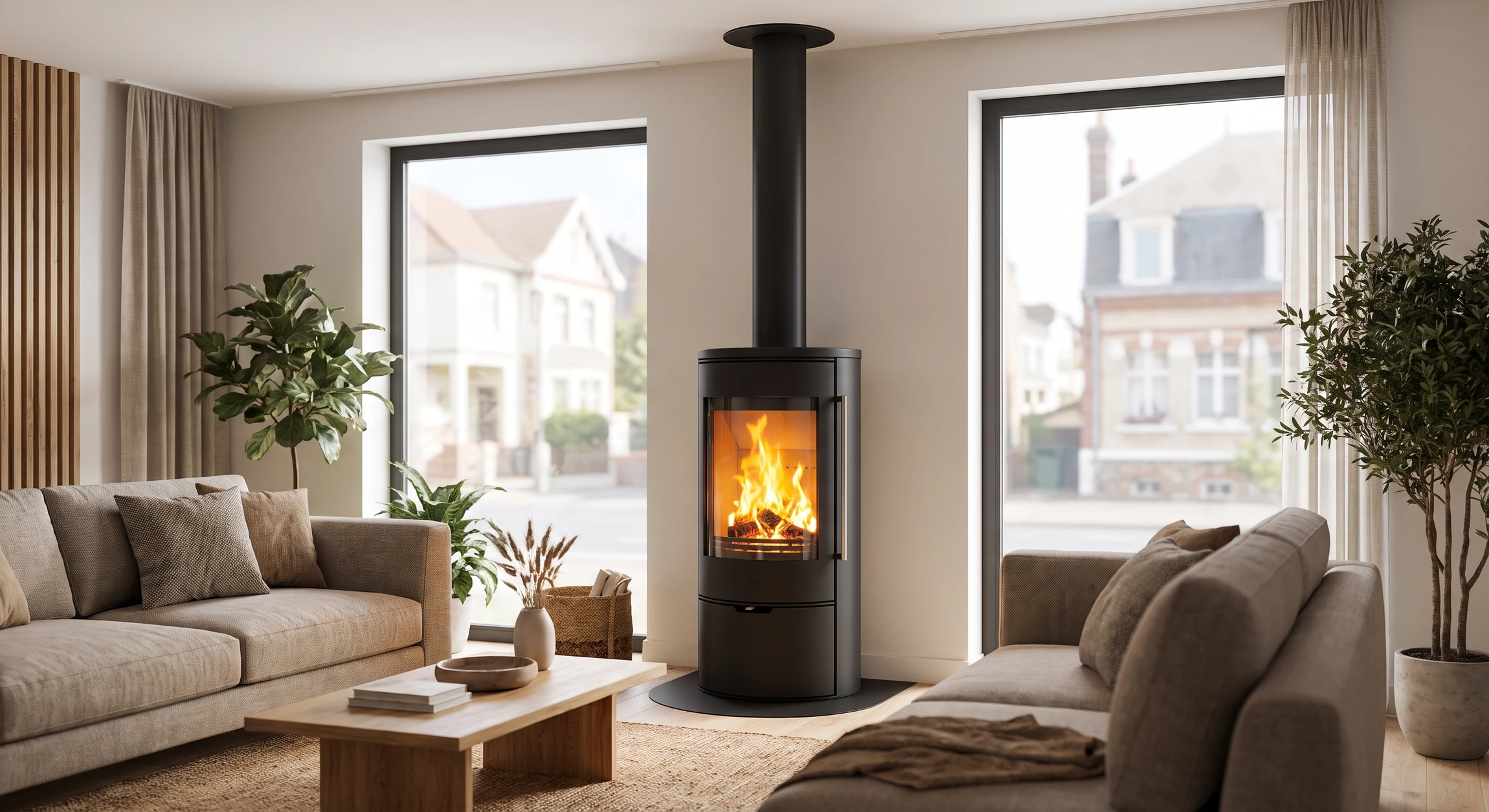Poêle à bois design cylindrique noir en fonte, installé dans un salon lumineux, flammes vives visibles à travers le vitre de combustion, conduit de fumée noir vertical apparent se raccordant au plafond, entouré d'un aménagement intérieur résidentiel contemporain avec canapé et décoration moderne.