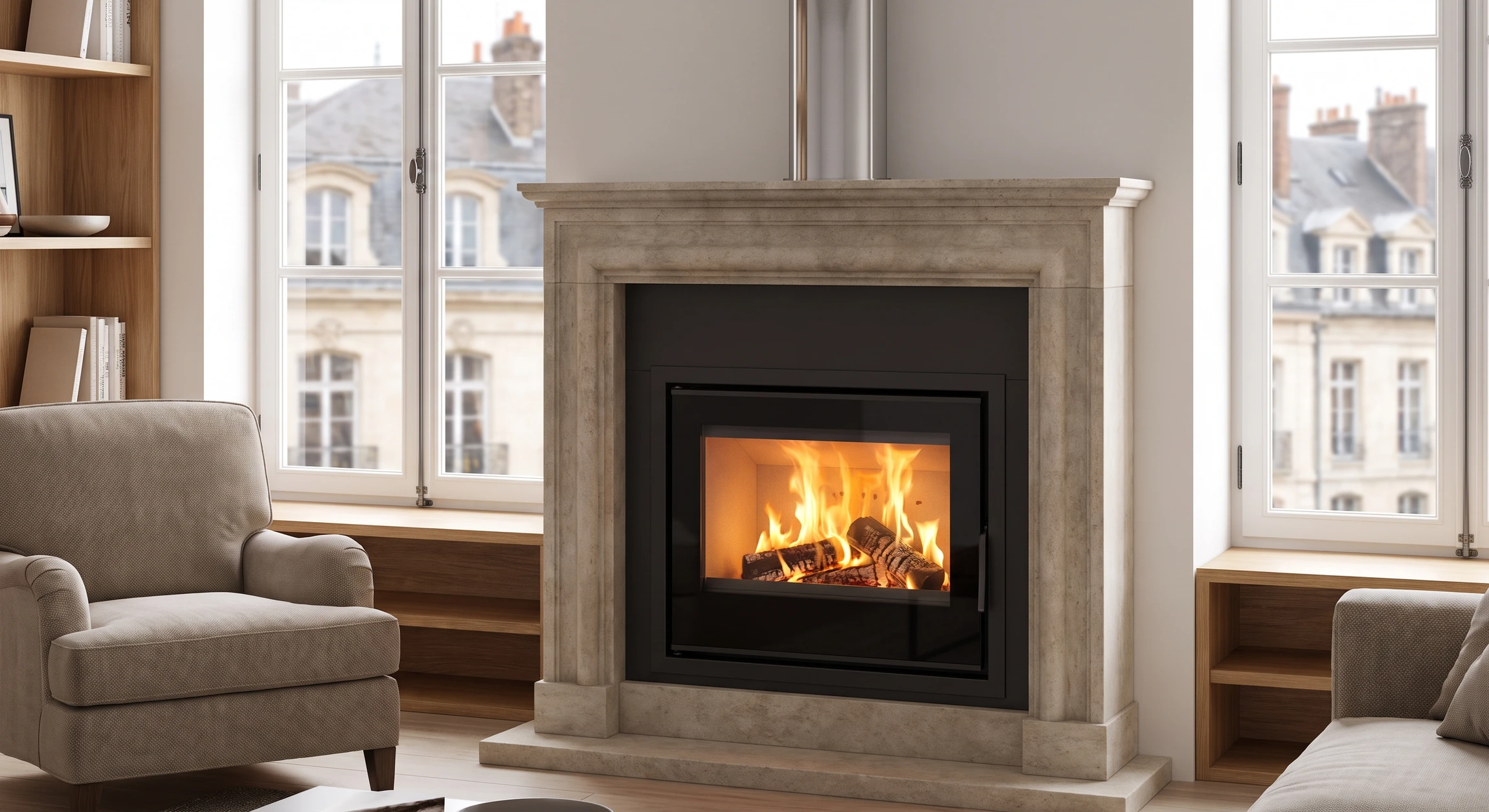 Intérieur résidentiel avec poêle à bois encastré en fonctionnement, flammes visibles dans foyer vitré