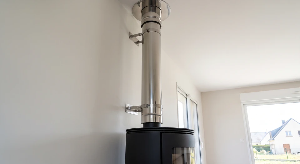 Conduit d'évacuation des fumées en inox double paroi, gris métallisé, fixé verticalement le long d'un mur intérieur clair d'une maison résidentielle, avec ses systèmes de fixation visibles, raccordé à un poêle à bois noir en contrebas. Vue du bas vers le haut montrant la conformité de l'installation aux normes de tirage.