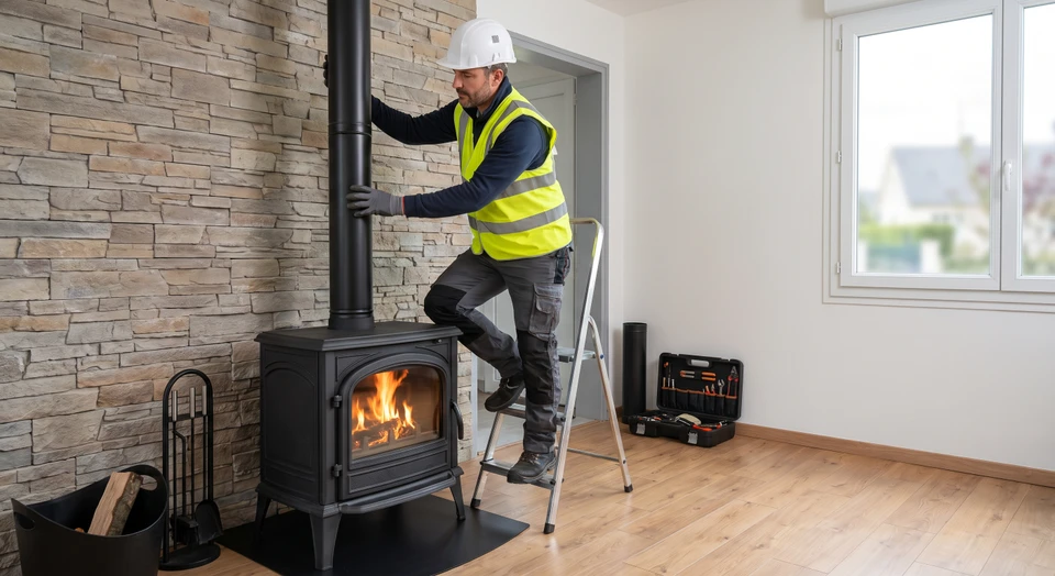 Technicien qualifié en équipement de sécurité professionnel installant un conduit métallique d'évacuation des fumées verticalement au-dessus d'un poêle à bois en fonte noire, dans un intérieur résidentiel. Le technicien assemble et sécurise les sections du tuyau d'évacuation conforme aux normes. Poêle allumé avec flammes visibles, conduit noir brillant, intérieur contemporain.