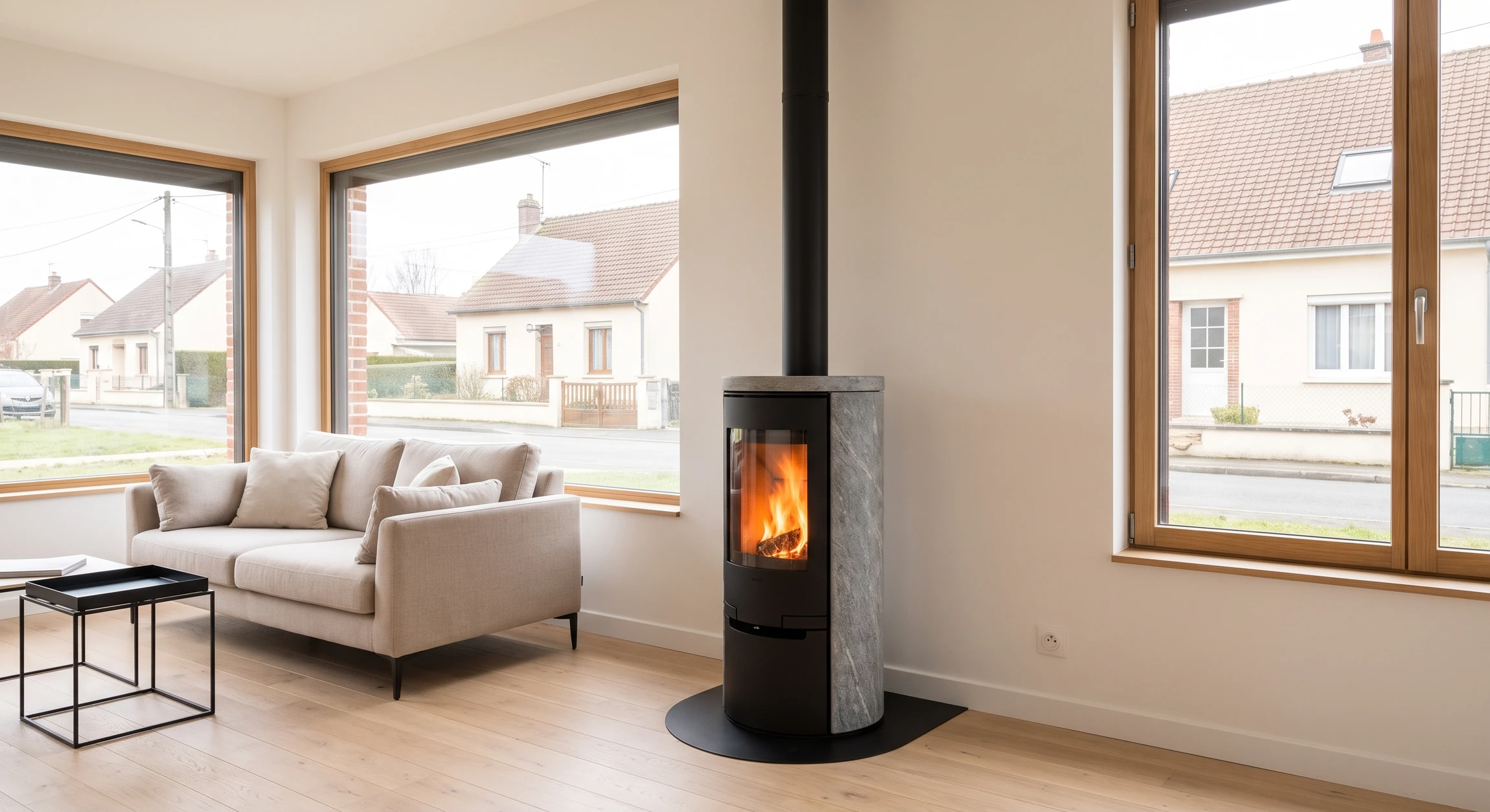 Salon moderne épuré avec poêle à bois cylindrique design en pierre naturelle grise et acier émaillé noir, flammes vives visibles à travers le vitrage céramique, conduit de fumée noir vertical. Canapé beige clair, petit mobilier métallique noir, ambiance cosy et minimaliste.