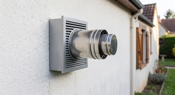 Gros plan extérieur d'une grille de ventilation carrée ou rectangulaire en métal gris-argent fixée sur la façade blanche d'une maison résidentielle, avec un double conduit concentrique en acier inoxydable traversant le mur juste avant la grille, montrant clairement le système de kit ventouse pour poêle à granulés en configuration horizontale.