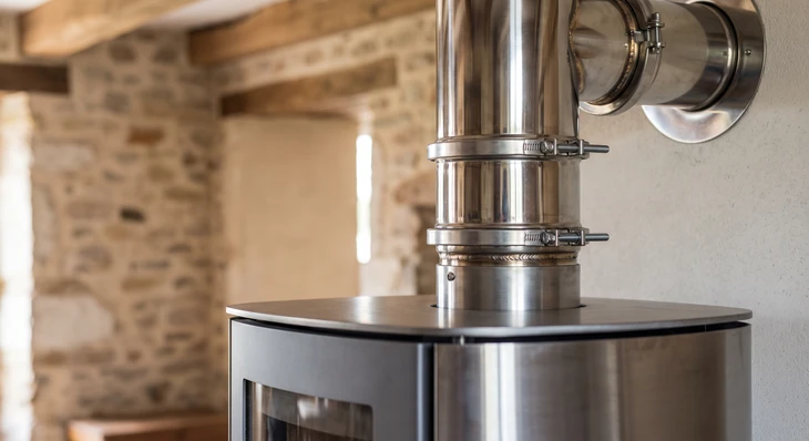 Gros plan de raccordement métallique entre un poêle à bois moderne et un conduit d'évacuation murale, montrant la buse du poêle connectée par un tuyau inox flexible ou coudé à un conduit vertical existant, colliers de serrage visibles, installation dans un intérieur résidentiel professionnel.