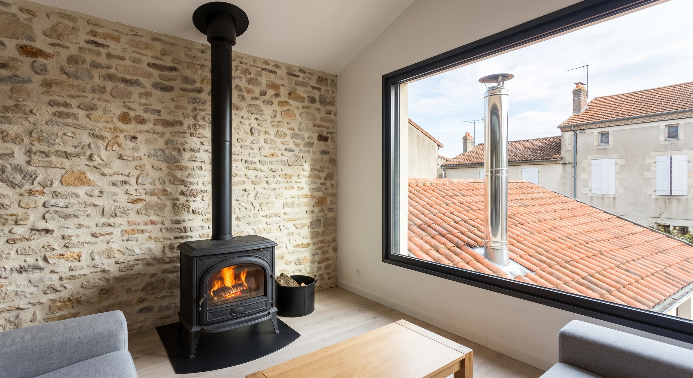 Conduit d'évacuation en acier inoxydable traversant une toiture en tuiles terre cuite, raccordé à un poêle à bois en fonte installé dans un séjour, vue partielle de l'intérieur montrant le poêle allumé et le tuyau vertical noir se prolongeant jusqu'à la sortie extérieure.