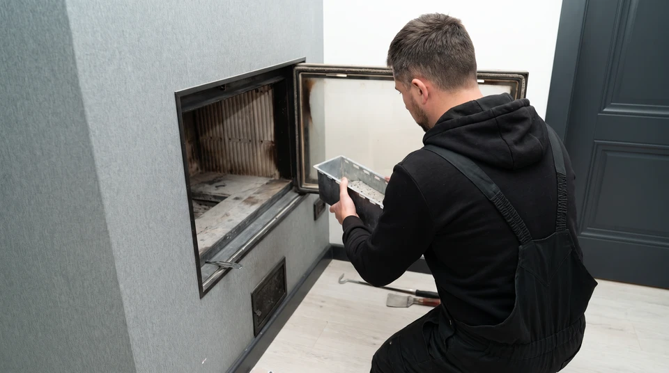 Technicien en tenue professionnelle utilisant une caméra thermique ou un endoscope pour inspecter l'intérieur d'un conduit de cheminée existant avant l'installation d'un insert à bois, dans un salon résidentiel avec cheminée traditionnelle.