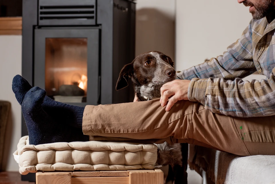 Intérieur résidentiel élégant avec poêle à bois ou à granulés design allumé, flammes visibles, conduit d'évacuation des fumées noir apparent, installateur en vêtements professionnels effectuant une vérification ou un contrôle final de sécurité près de l'appareil, salon lumineux avec canapé et ambiance chaleureuse.