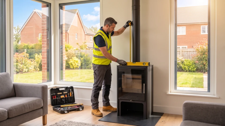 Technicien professionnel en tenue de travail mesurant et vérifiant les raccordements d'un poêle à bois neuf au conduit de fumée lors de son installation, montrant le respect des normes de sécurité et le professionnalisme du suivi technique complet.
